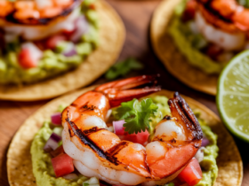 shrimp tostadas with guacamole and fresh salsa