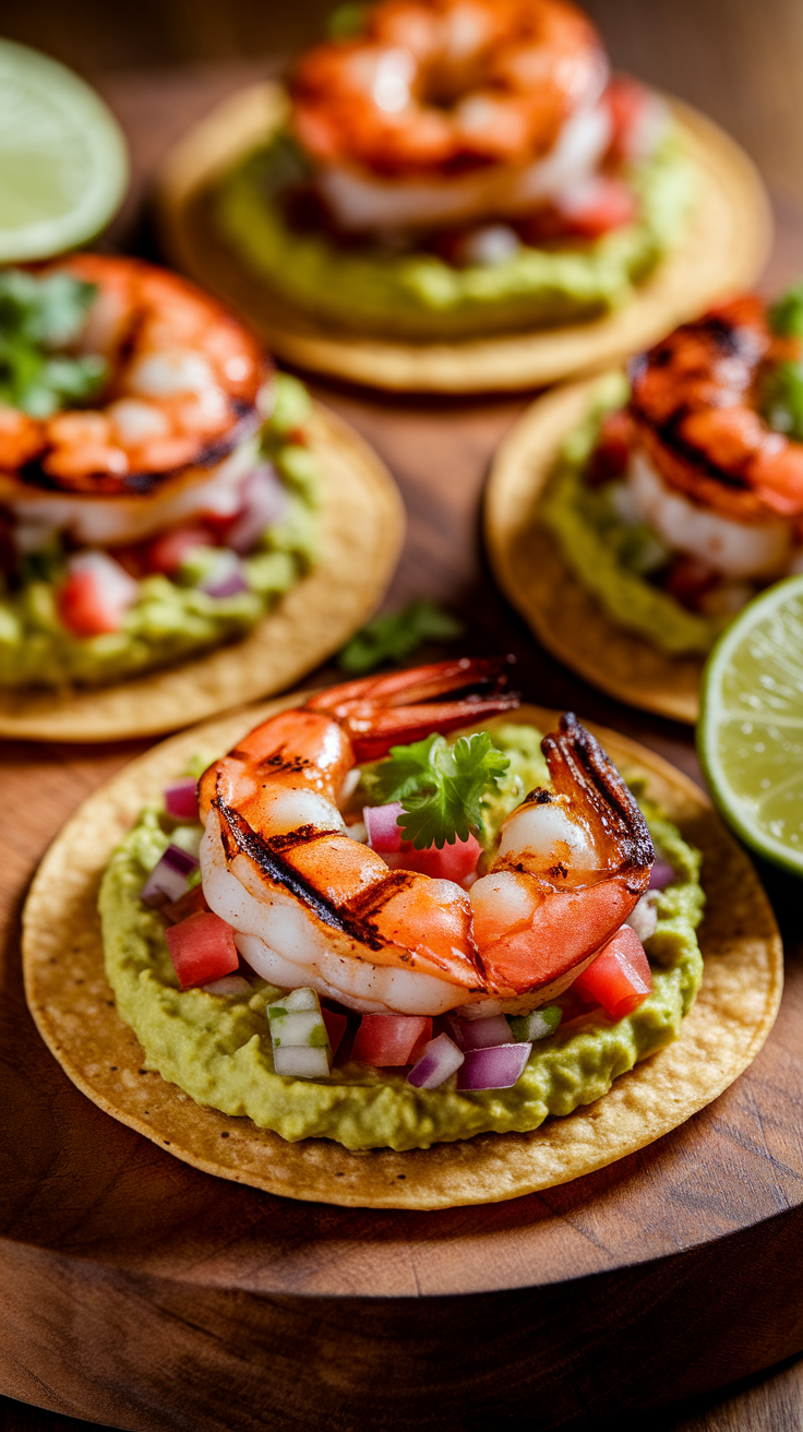 shrimp tostadas with guacamole and fresh salsa